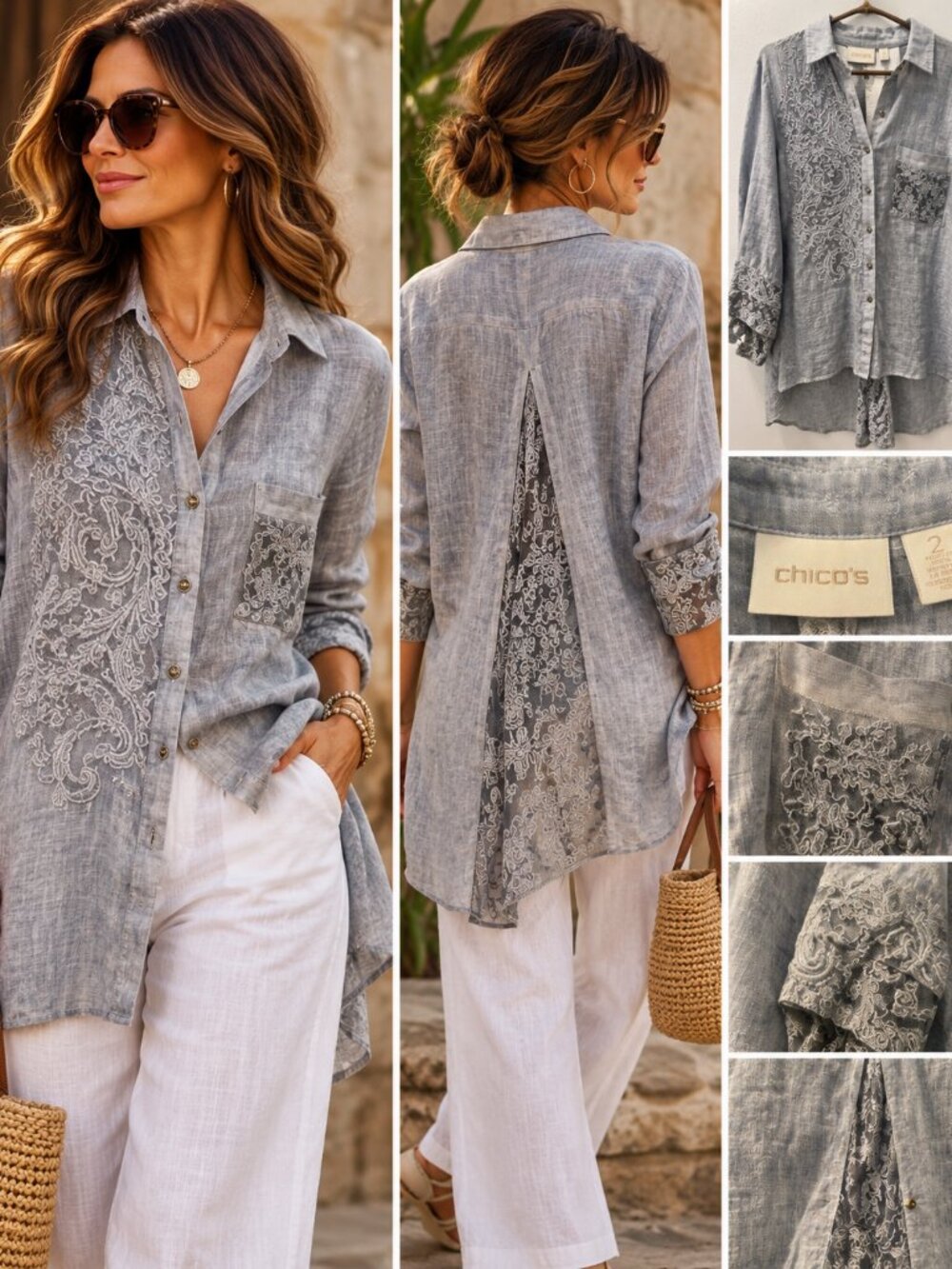 Chico’s 100% Linen Embroidered Paisley Tunic Shirt Size 2 L Gray Lagenlook boho